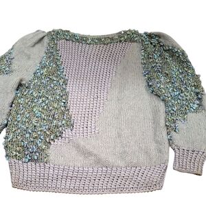 "80's"Gray and Blue Crew Neck Sweater with Textured Knit. Needs Some Repairs..